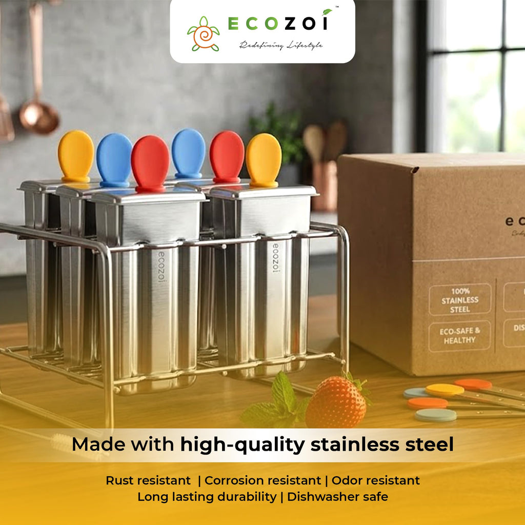 Ecozoi Stainless Steel Popsicle Molds – Reusable Metal Paleta Maker Set with 6 Molds, 6 Sticks, 12 Silicone Seals & Cleaning Brush – Easy Release Ice Pop Maker for Kids & Adults, 3 oz Each
