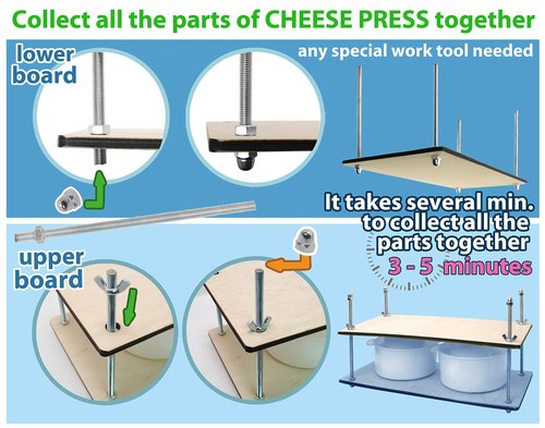 Wooden Cheese Press for Cheese Making Supplies 16in Metal Guides and 2 pcs Cheese Mold with Follower Piston 1.3Qt - large Home Supply Ultimate Cheese Press Machine - Prensa Para Queso Casero