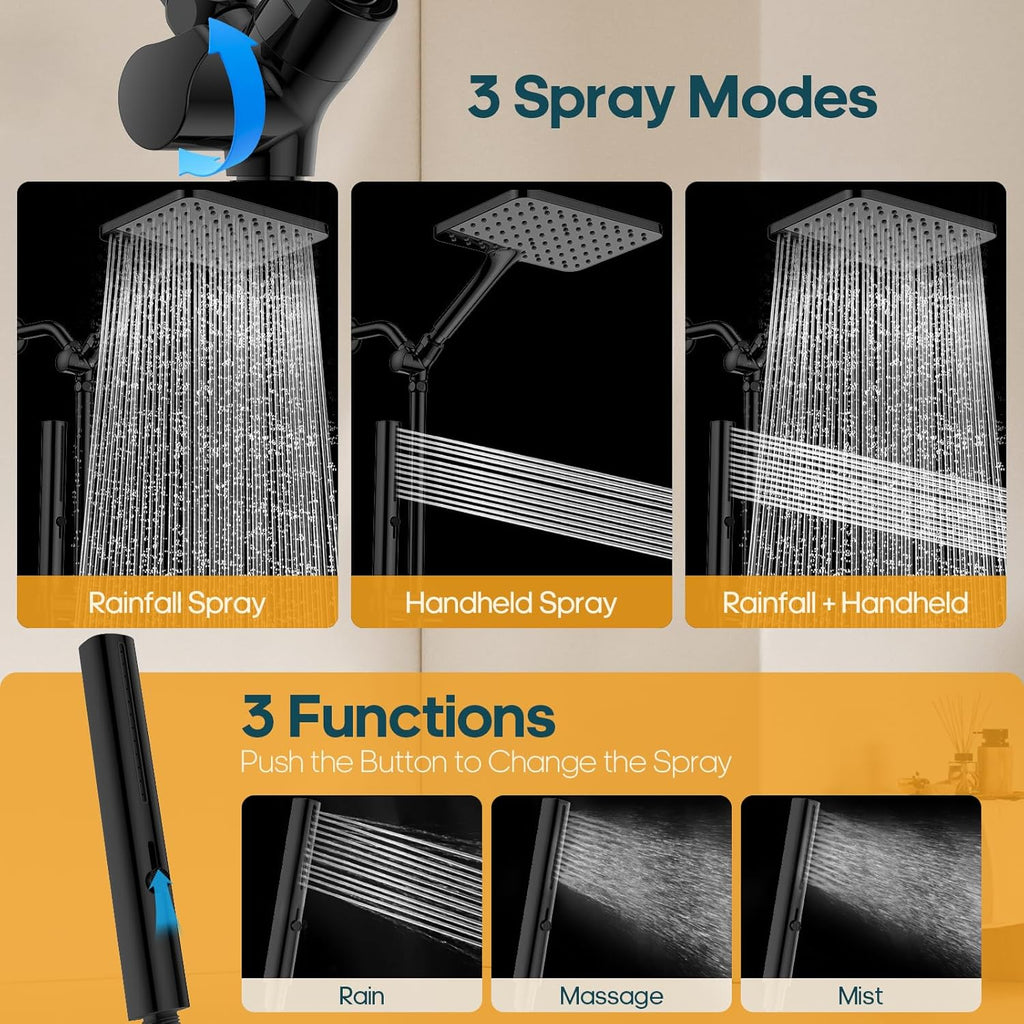 Skiennix High Pressure Rain Shower Head - 10 Inch Square Rainfall Shower System with Handheld Combo, Matte Black
