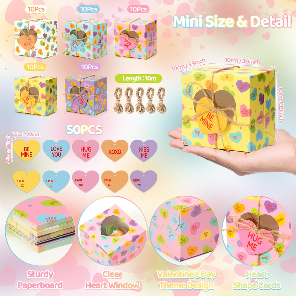 R HORSE 50Pcs Valentine's Day Bakery Treat Boxes, Valentines Candy Cookie Boxes with Heart Window, Cupcake Containers with Heart Shaped Cards for Cupcakes Donuts Chocolates Cookie Party Favor Supplies