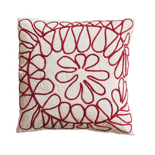 Creative Co-Op Square Cotton Slub Pillow with Embroidery, Cream and Red