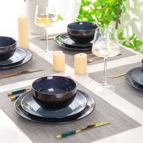 LeRatio Ceramic Dinnerware Sets for 6,Plates and Bowls Sets,Handmade Reactive Glaze Dishes Set,Chip Resistant and Scratch Resistant | Oven&Dishwasher & Microwave Safe-Blue(18PCS)