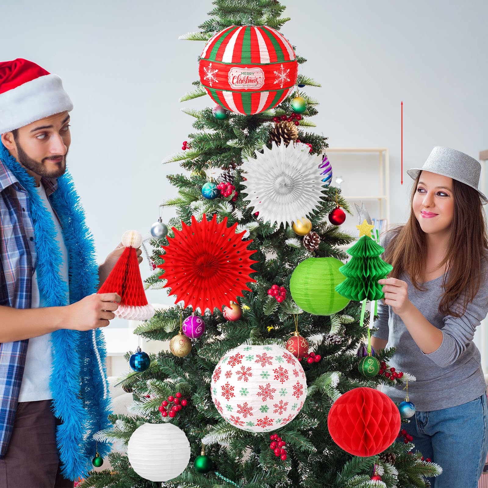 Gilprop 17 Pcs Christmas Party Hanging Decorations Xmas Paper Lanterns Paper Winter Hanging Fans Christmas Honeycombs Paper Flower Balls for Xmas Holiday Party Yard Indoor Outdoor Home Decor Supplies