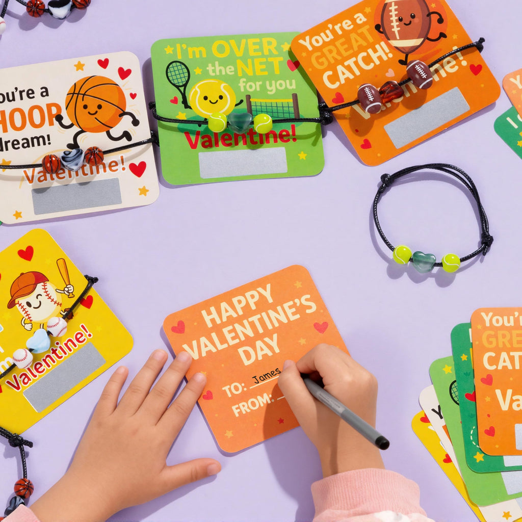 YXILEE Valentine’s Day Gifts for Teens – 30 Pack Sports Valentine Cards with Charm Bracelets & Scratch-Off Notes, Bulk Valentine Exchange Gifts (Football, Soccer, Basketball, Baseball, Tennis)