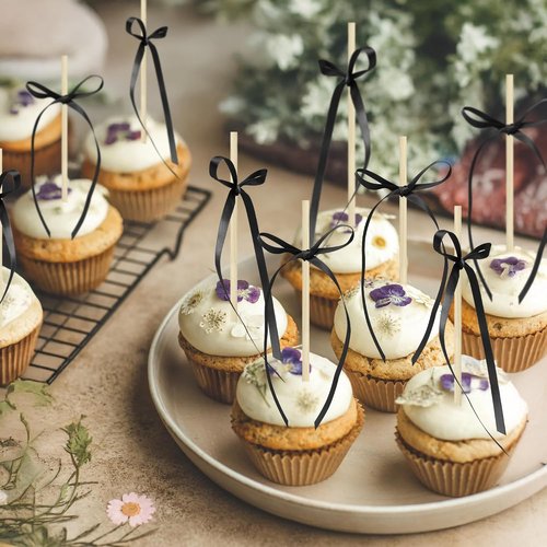 Ephlyn 30Pcs Bow Cupcake Toppers - Elegant Black Bowknot Ribbons for Parties & Weddings