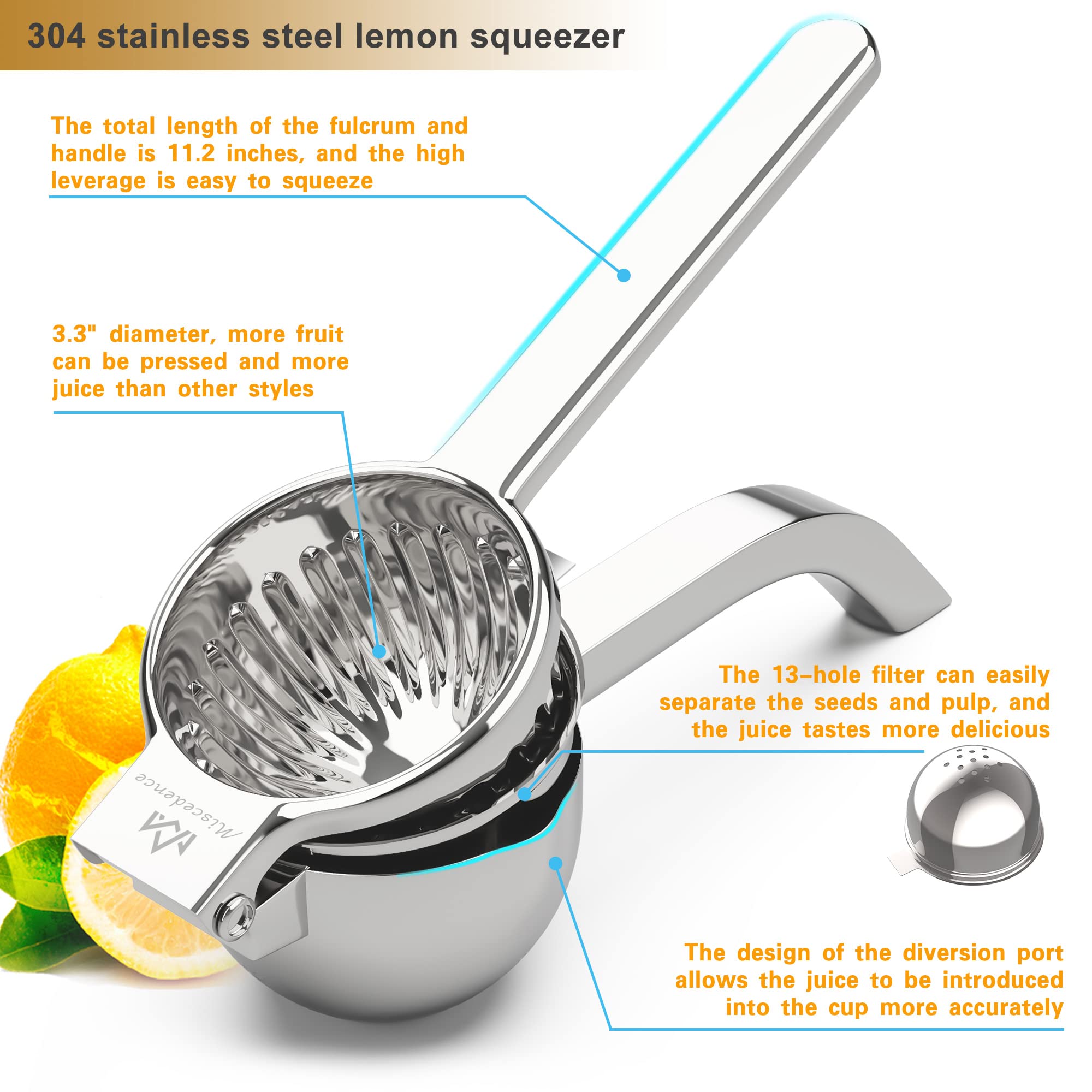 Miscedence Large lemon squeezer, Manual Juicers stainless steel citrus juicer All Size Fruits Can Squeeze Juice, Large Yield, Suitable For Lemons, Oranges, Pomegranates, Grapes