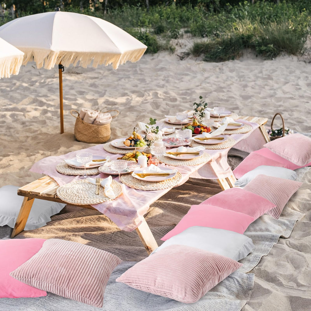Yuntau Pink 8 Pcs Picnic Pillow Covers Only 18x18 Inch Boho Aesthetic Throw Cushion Cases Luxury Picnic for Summer Birthday Bachelorette Tea Party Brunch Beach Backyard Bed Sofa Decor