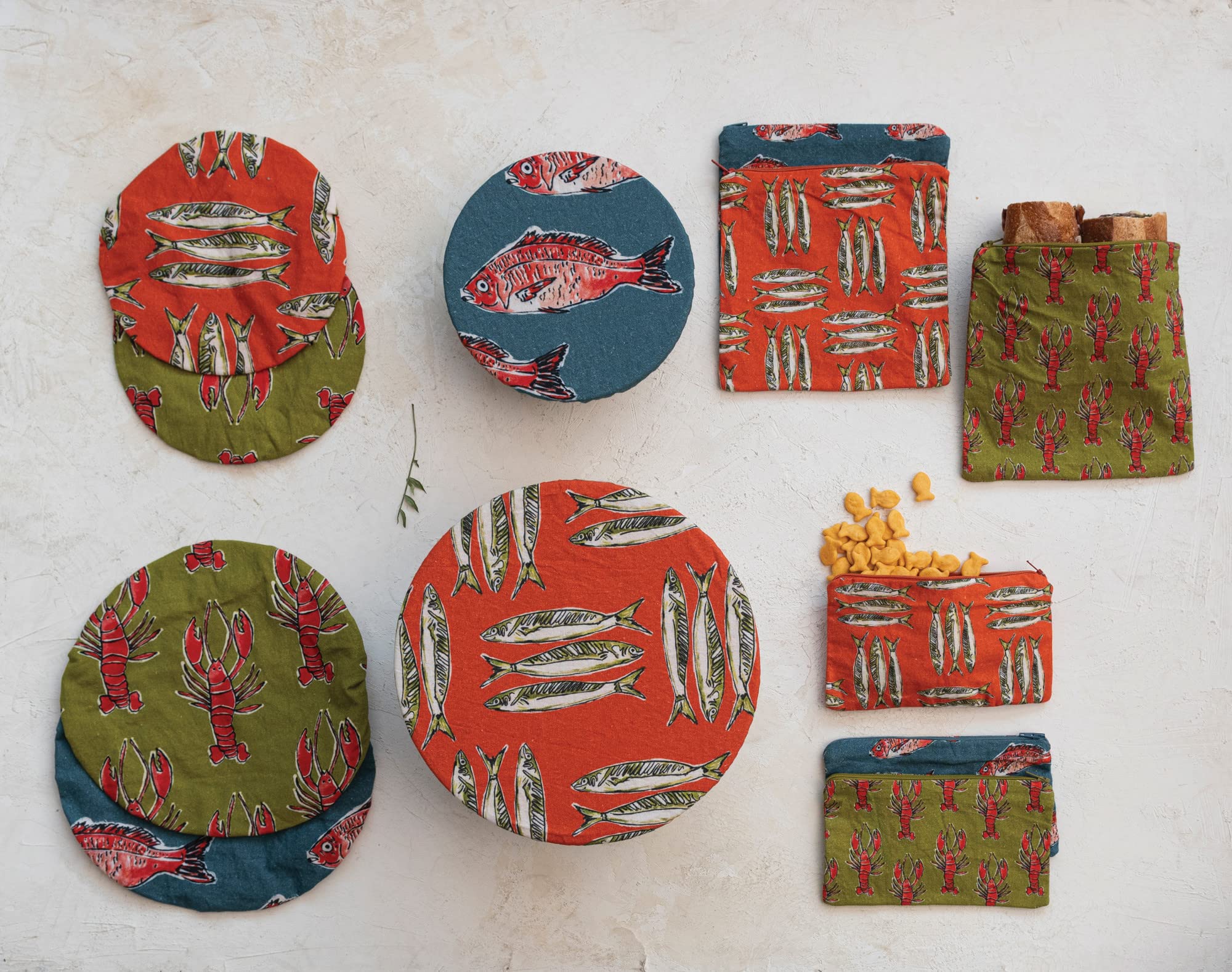 Creative Co-Op Cotton Zip Food Pouch with Sea Life Illustrations, Set of 3 Styles, Multicolor