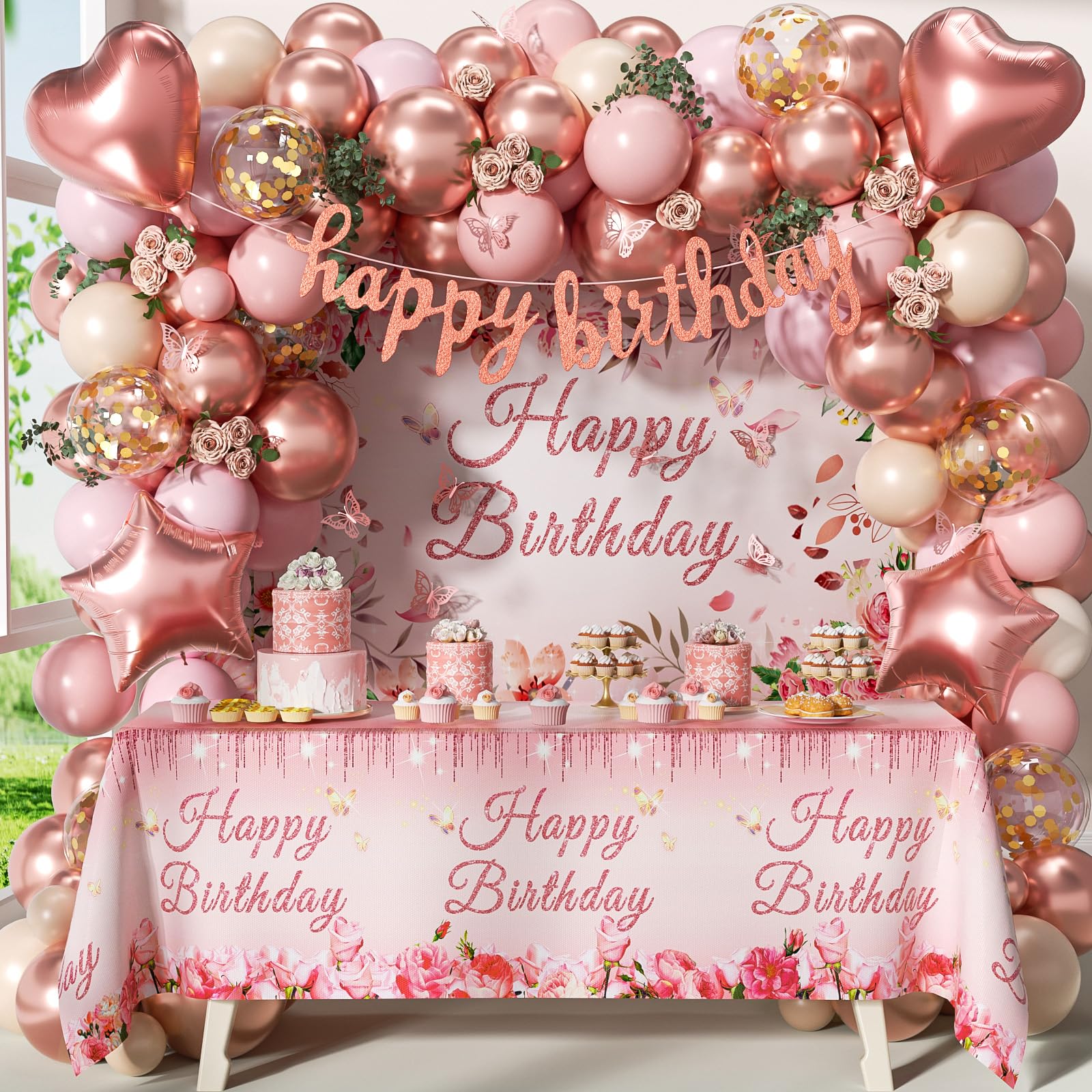 Rose Gold Birthday Decorations, Rose Gold Pink Nude Balloons Happy Birthday Banner Rose Gold Tablecloth Backdrop for Happy Birthday Decorations for Women Adults