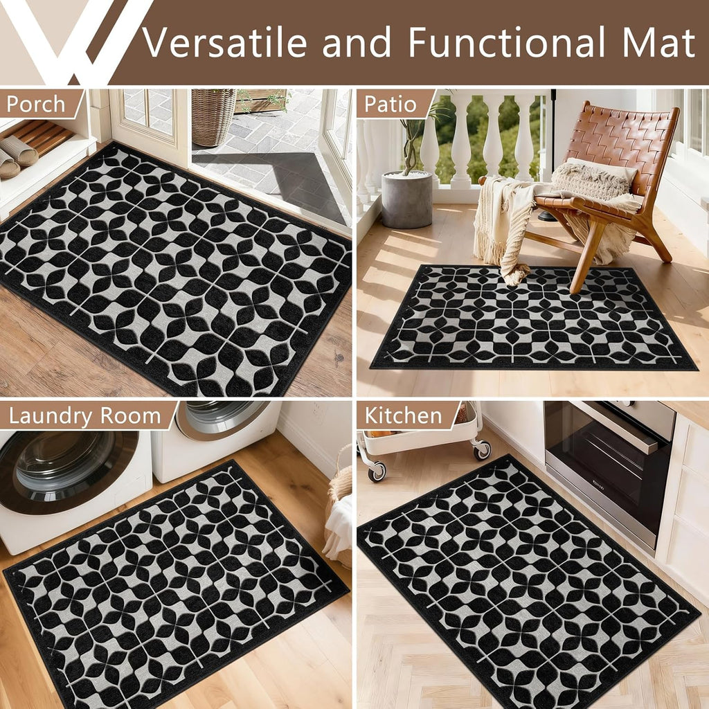 Skiennix Front Door Mat - Washable All-Weather Black Trellis Design | 24"x36" Non-Slip Easy Clean Rug