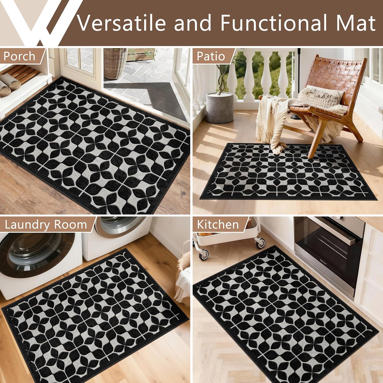 Skiennix Front Door Mat - Washable All-Weather Black Trellis Design | 24"x36" Non-Slip Easy Clean Rug