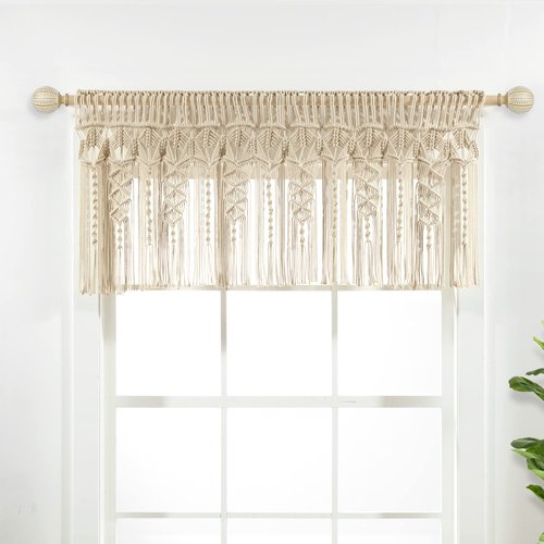 Lush Decor Boho Macrame Textured Cotton Valance, 50" W x 20" L, Neutral - Boho Kitchen Curtains & Wall Decor - Macrame Valance - Bathroom Window Curtains