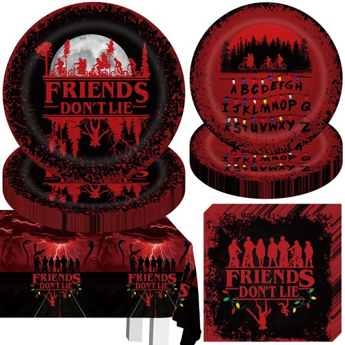 41 Stranger Birthday Party Decorations Include 20 Paper Plates of 2 Size, 20 Napkins,1 42.5x70.8inch Waterproof Plastic Tablecloth Red and Black Birthday Tableware Set
