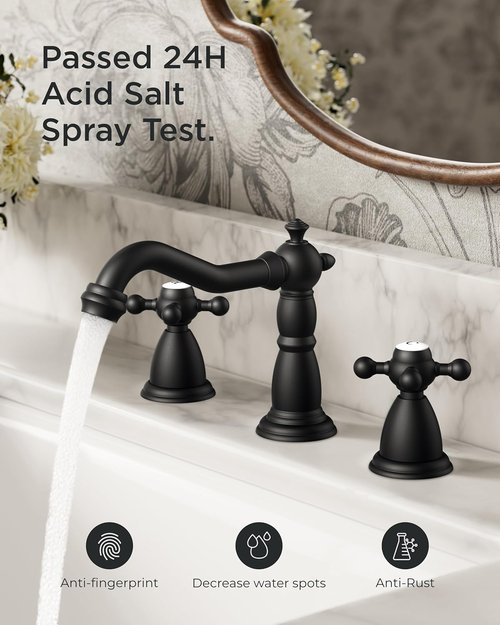 FORIOUS Matte Black Bathroom Faucet - Vintage 3 Hole Widespread Design with Cross Handles & Drain | 8 Inch