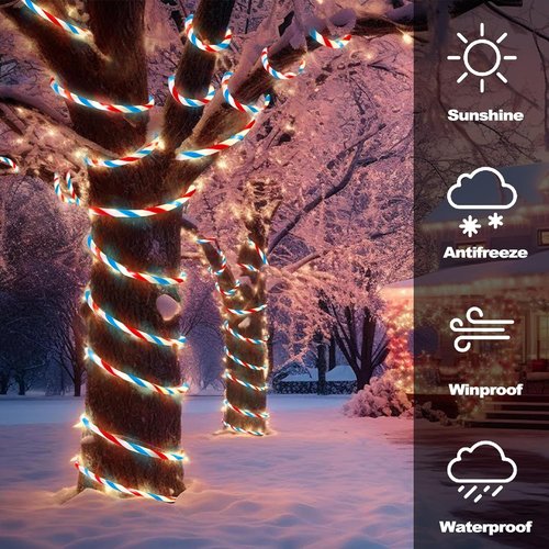 Jnaurb Candy Cane Lights - 66ft Waterproof LED Christmas Rope Lights | 480 Connectable Red, White & Blue
