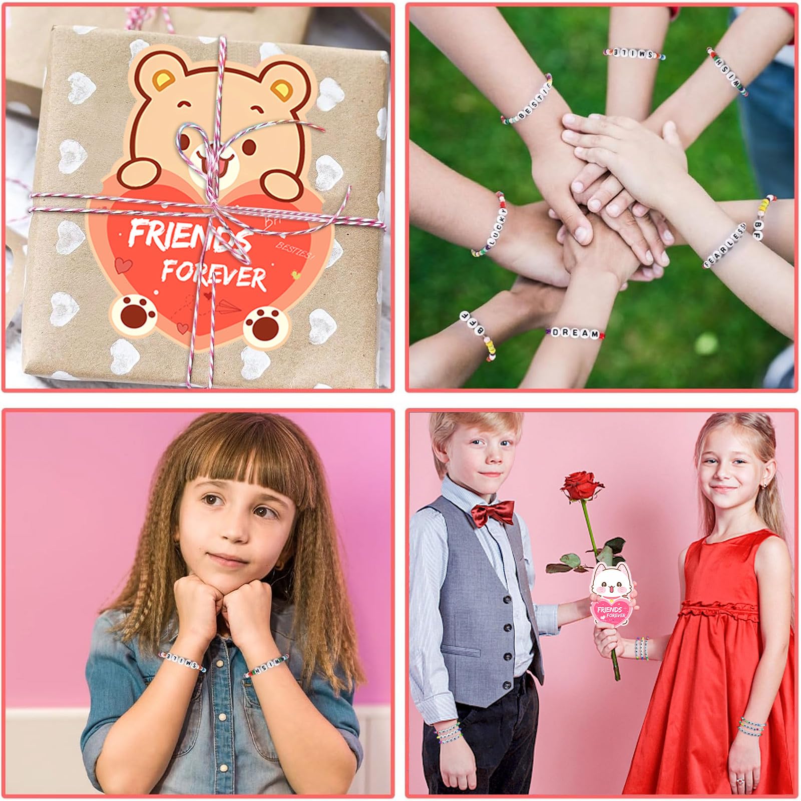 Valentines Day Cards for Kids, 24 Pack Valentines Gift Classroom Cards with Galentines Friendship Bead Bracelets, Valentines Gift Exchange for Boys Girls, Valentines Party Favors Supplies for Kids