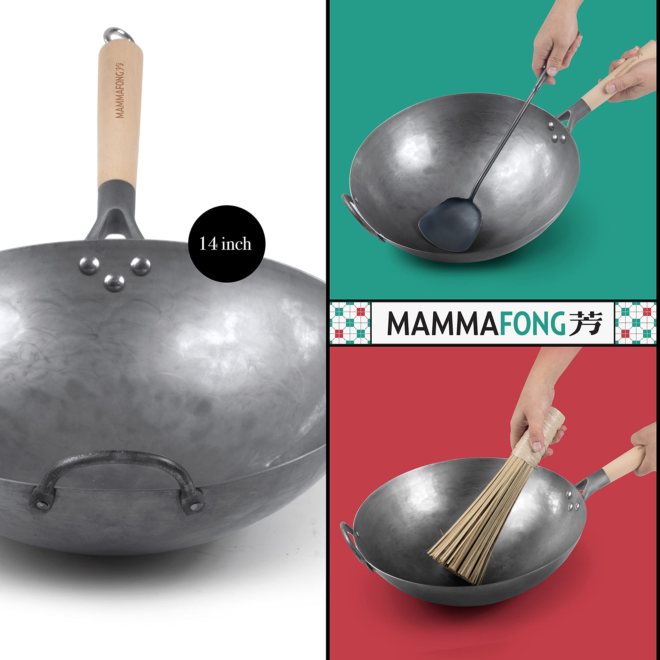 Mammafong Traditional Hand Hammered Round Bottom Carbon Steel Pow Wok Set with Wok Spatula and Bamboo Brush (14 inch wok set with wok accessories)…