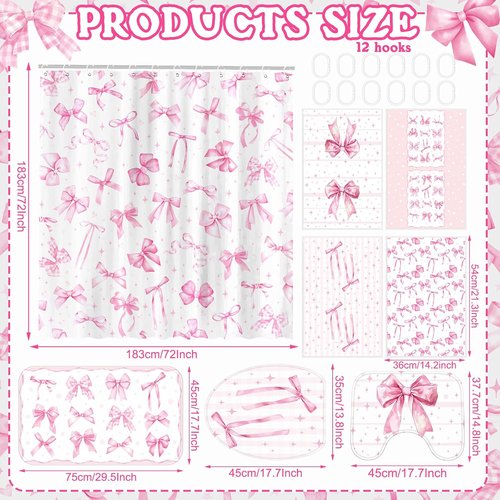 FuWeave 8-Piece Pink Bow Shower Curtain Set - Cute Coquette Bathroom Decor with Towels, Bath Mat & Hooks