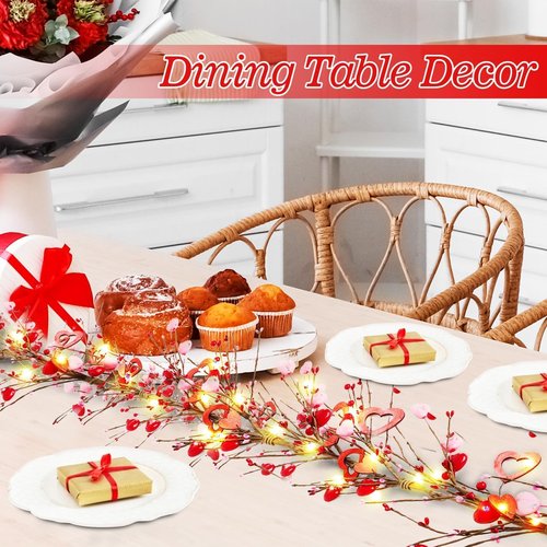 6.5 Ft Valentine's Day Garland Red Pink White Berry Heart Garland with LED Lights Artificial Vine for Valentines Wedding Anniversary Fireplace Mantel Table Home Wall Indoor Party Decor
