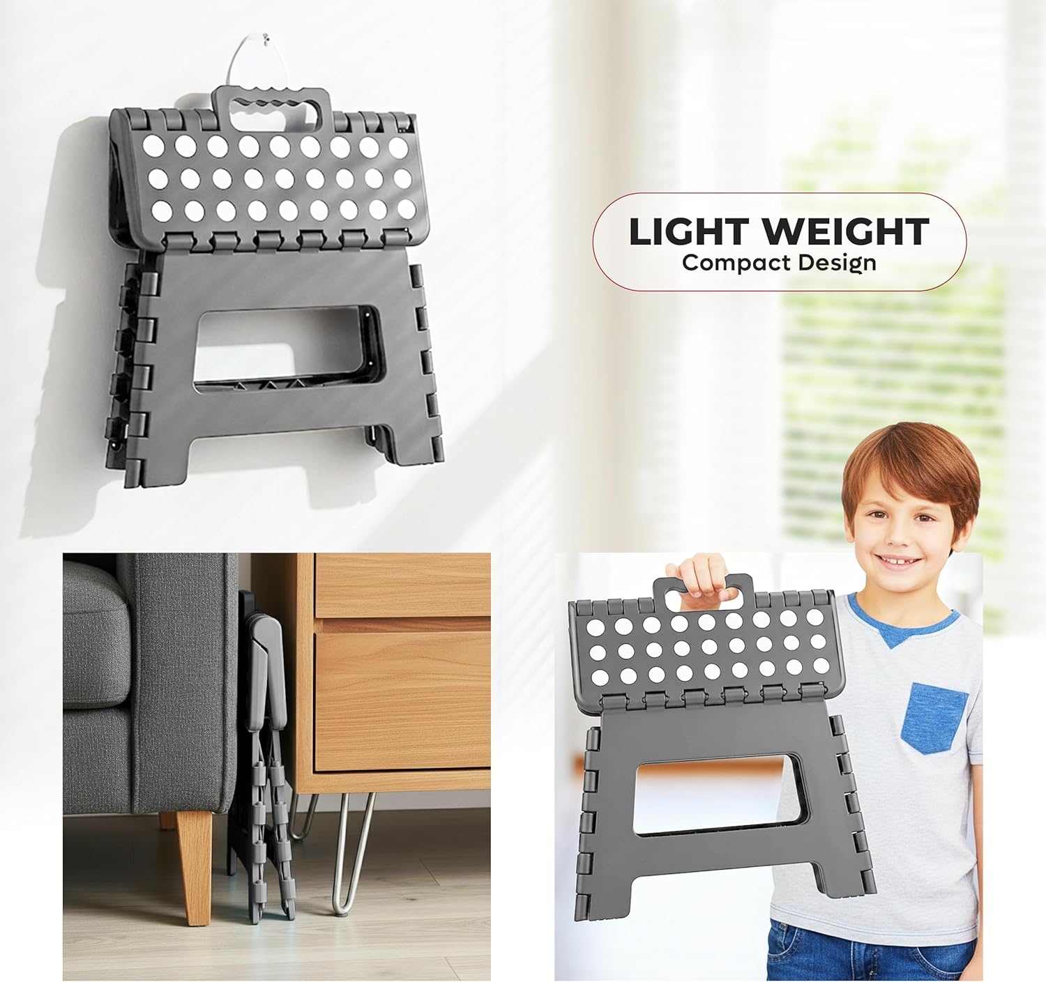 Utopia Home Folding Step Stool - 9-Inch Anti-Slip Collapsible Design - Supports Up to 300 lbs - Grey Plastic for Kitchen & Bathroom Use