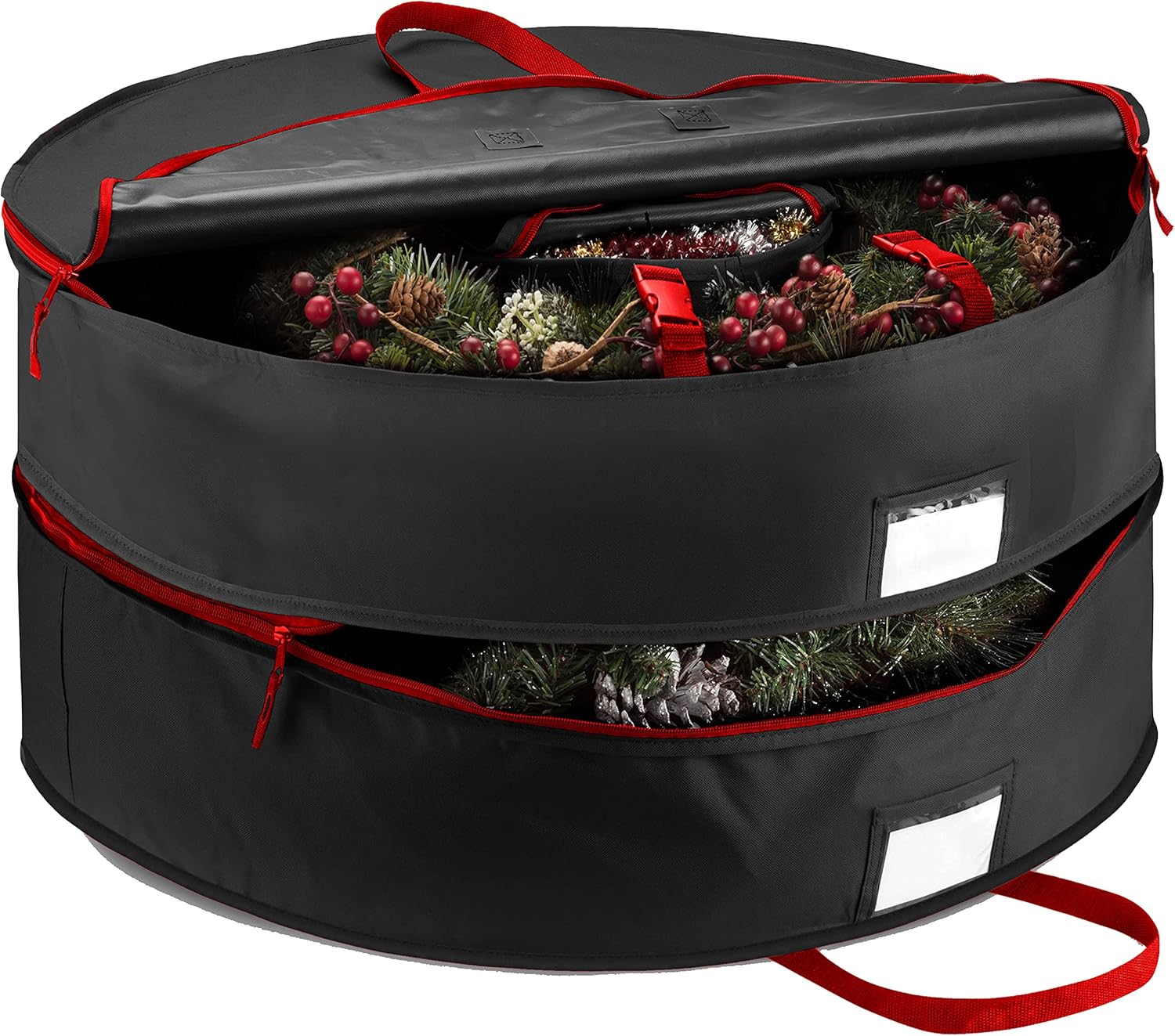 ZOBER Christmas Wreath Storage Container - 30 Inch Wreath Bag for 2 Wreaths | Durable 600D Oxford Fabric - Black
