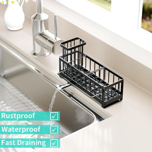 HapiRm Sponge Holder - Self-Draining Kitchen Sink Caddy with Brush & Dishcloth Holders | Black Stainless Steel