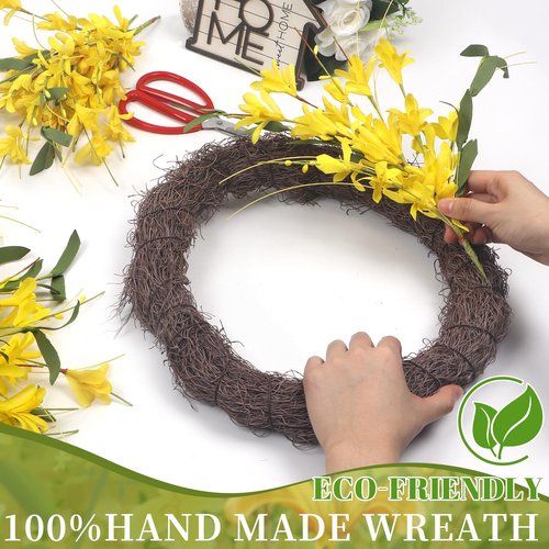 LOKEISNA Yellow forsythia Door Wreath, 24 Inch Summer Wreaths for Front Door Outside, Hand Made Artificial Forsythia Flower Wreath for Front Door Window Wall Farmhouse Home Gift