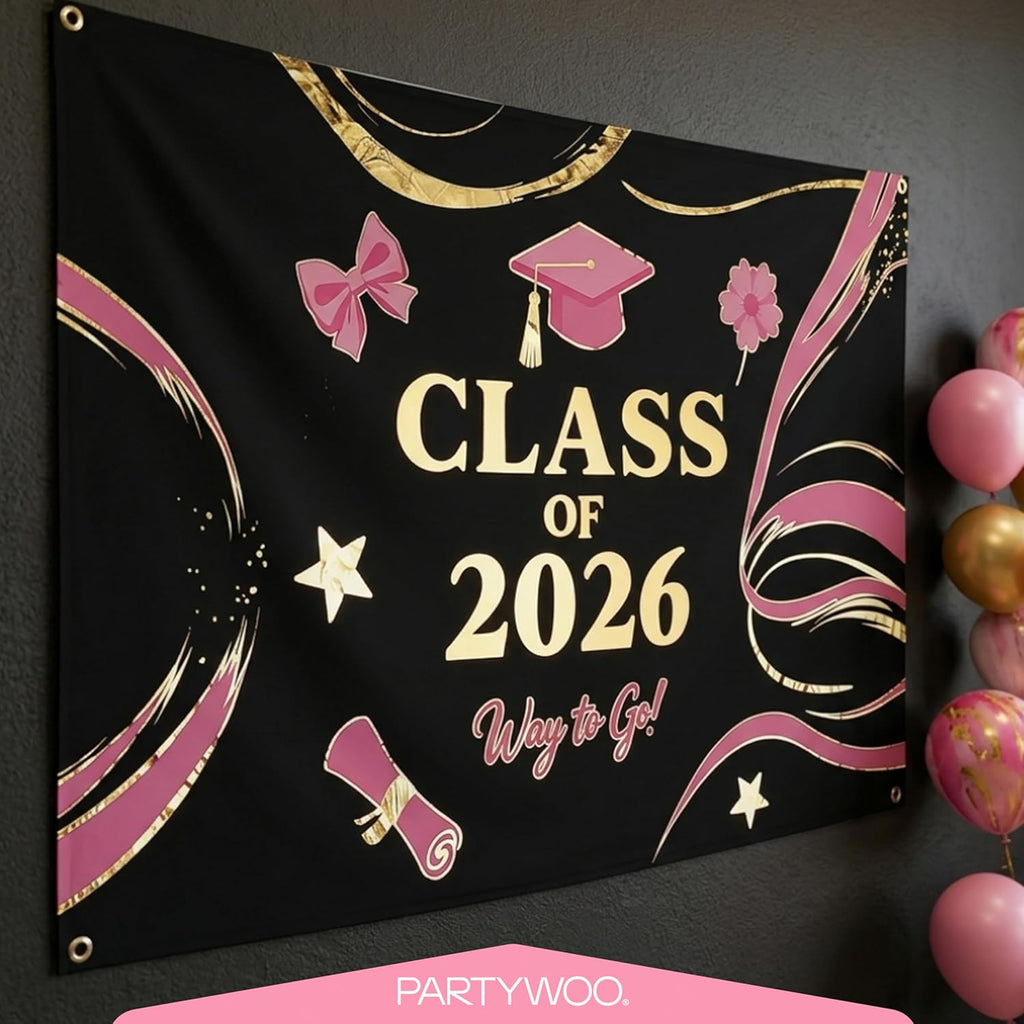 PartyWoo Graduation Decorations - Class of 2026 Black, Pink & Gold 40pcs Set with Backdrop & Balloons