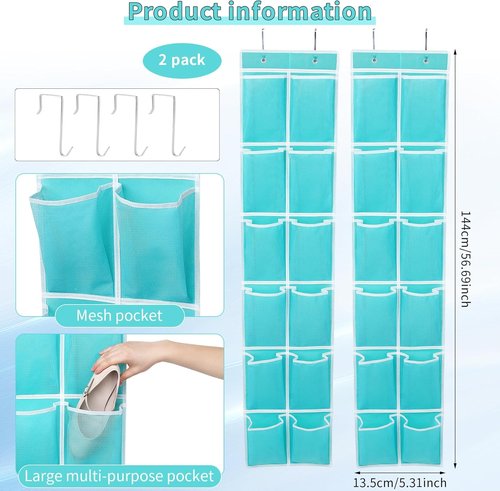 GOMAJI Hanging Shoe Organizer - 12 Large Pockets Over The Door Storage | Turquoise