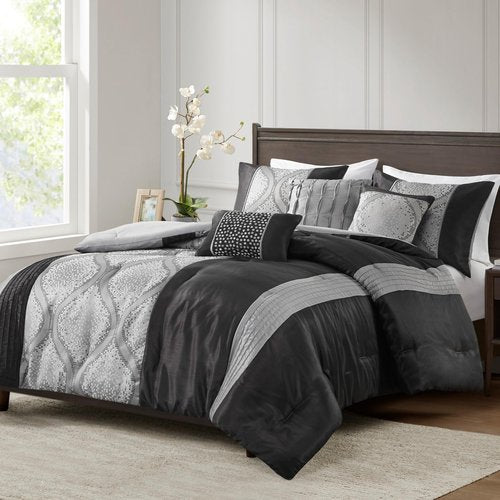 Madison Park Queen Comforter Set Jacquard Comforters for Queen Size Bed, Ogee Print, Pleated Trims, All Season Luxurious Comforters Queen Size Bedding Set, Lori, Full/Queen Black/Silver 6 Piece