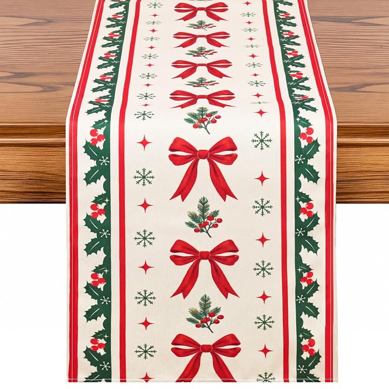 Red Bow Christmas Table Runner Decor