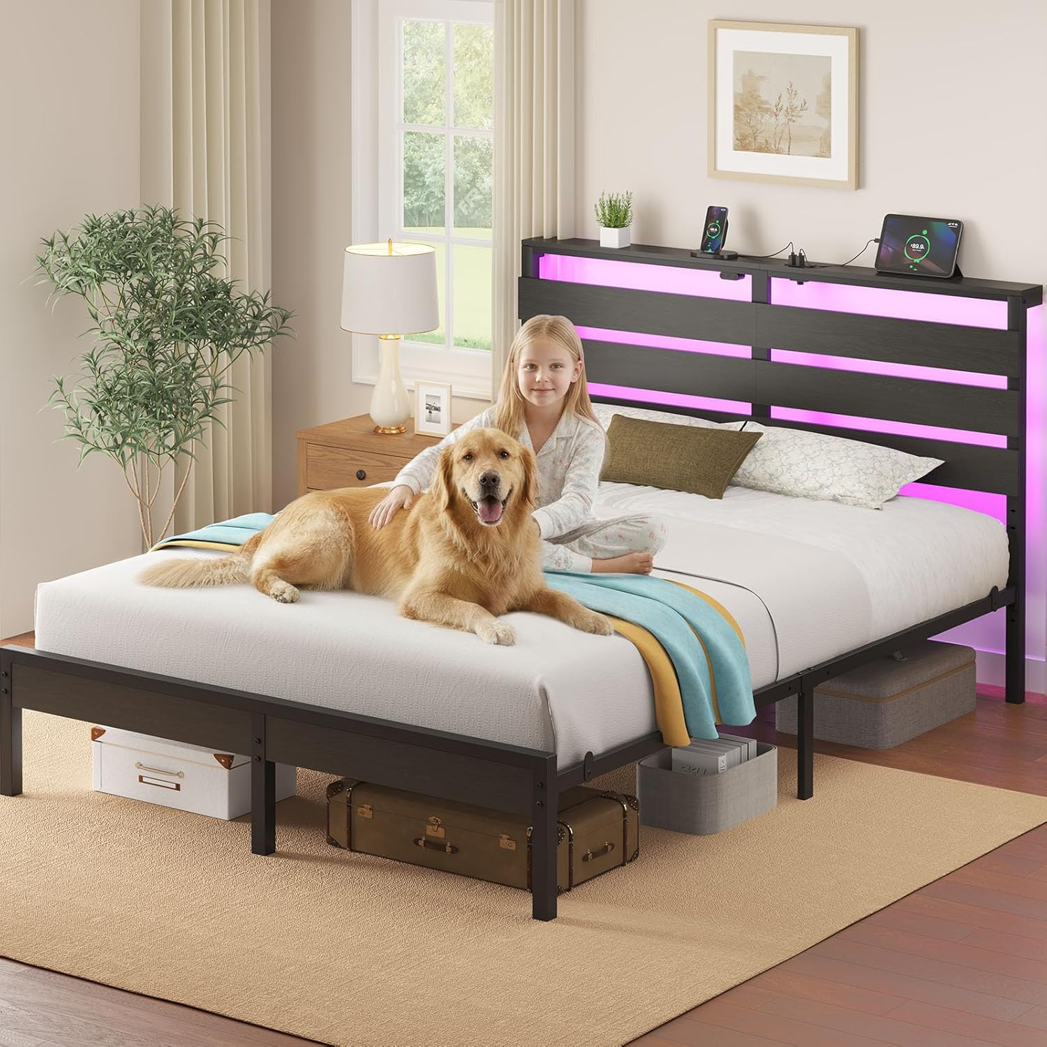 Rolanstar Full Size Bed Frame - USB Charging Station & LED Wood Storage Headboard - Black Metal Design