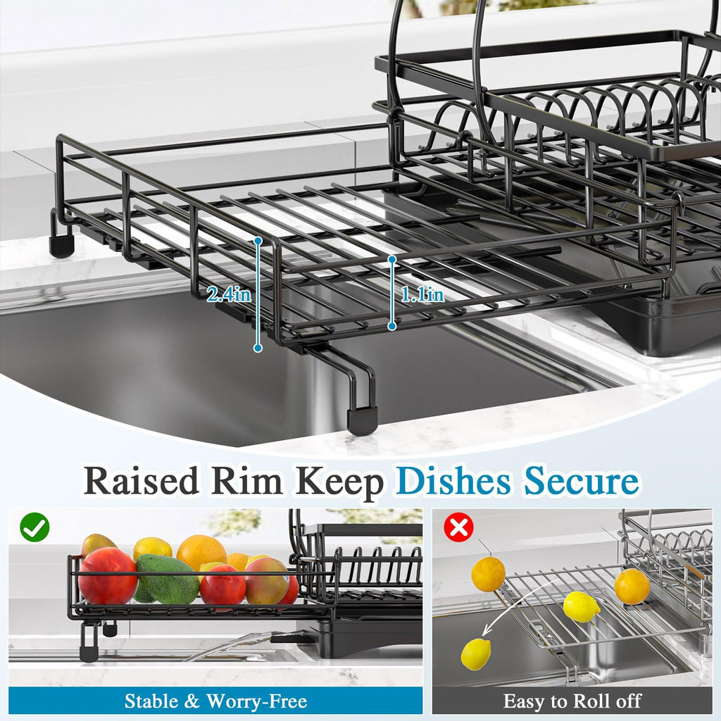 2 Tier Dish Drying Rack, Large Extendable Dish Racks for Kitchen Counter or Over Sink, Dishrack with Drainboard, 2-in-1 Anti-Rust Stainless Steel Dish Drainer with Utensil Holder & Cup Holder (Black)