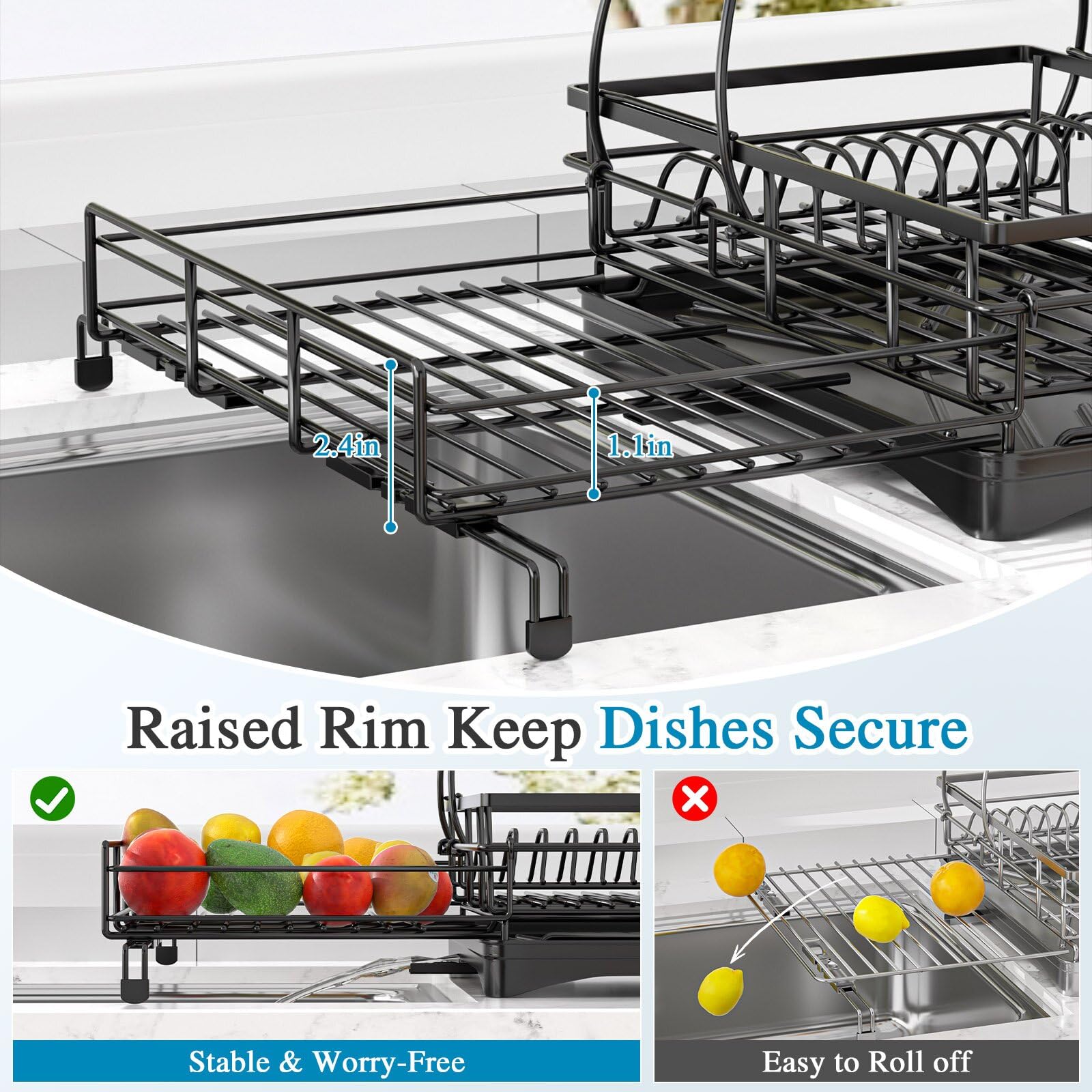 2 Tier Dish Drying Rack, Large Extendable Dish Racks for Kitchen Counter or Over Sink, Dishrack with Drainboard, 2-in-1 Anti-Rust Stainless Steel Dish Drainer with Utensil Holder & Cup Holder (Black)