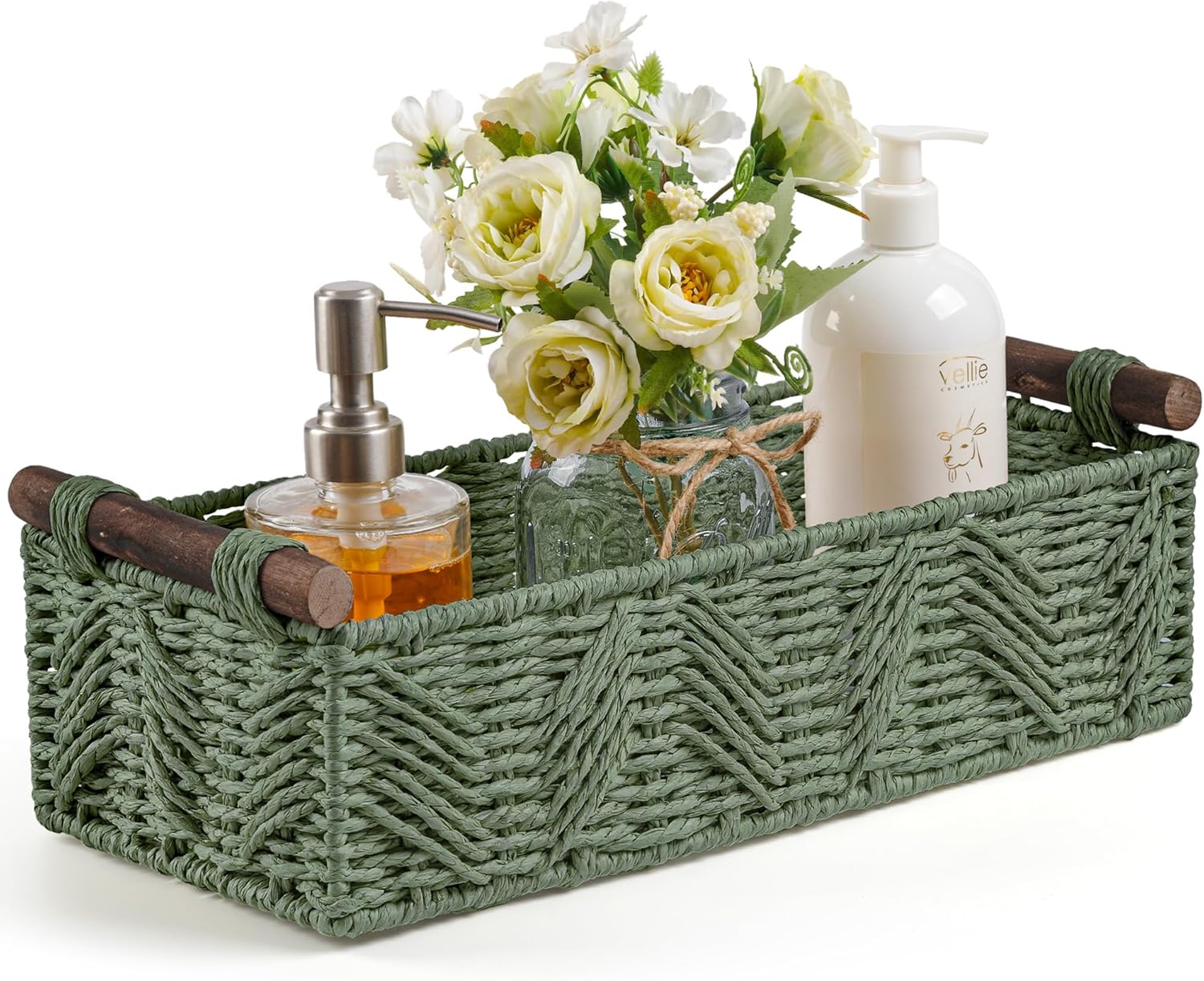 Skiennix Bathroom Baskets - Decorative Organizing Set with Handle for Countertop Storage | Green