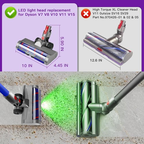 Lemige LED Green Light Head for Dyson V7 V8 V10 V11 V15 | Quick Release, Anti-Tangle Brush Roller for All Floors