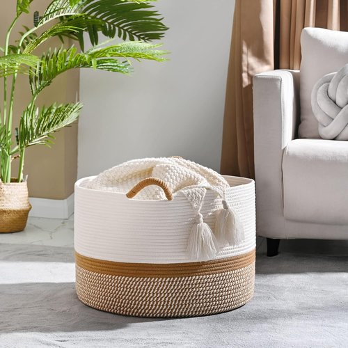 KAKAMAY Large Woven Blanket Basket - Cotton Rope Storage Hamper for Baby Laundry & Toys | White/Brown