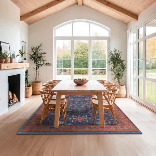 Large Area Rug by Navy Blue | Geometric Floral Design - Washable Low Pile Soft Carpet for Living Room & Dining Room