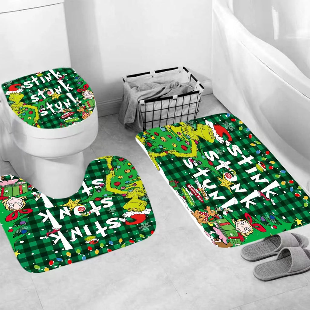 4 Pcs Christmas Shower Curtain Sets with Non-Slip Rugs, Toilet Lid Cover and Non-Slip U Shape Bath Mat, Christmas Bathroom Decor with 12 Hooks Xmas Holiday Home Decor(Green)