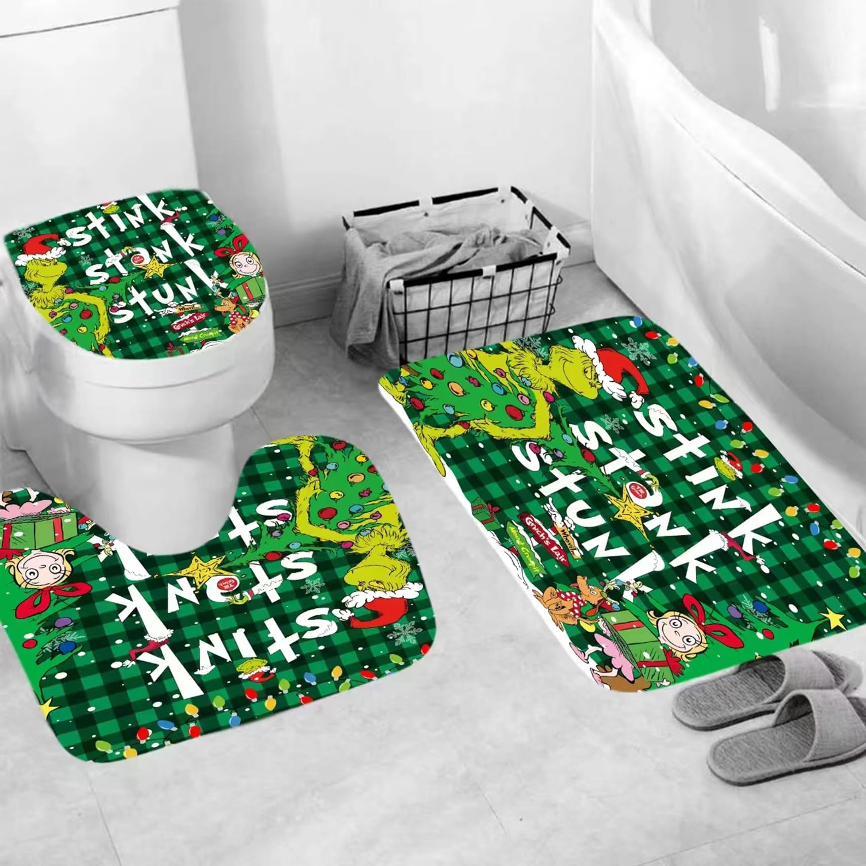 4 Pcs Christmas Shower Curtain Sets with Non-Slip Rugs, Toilet Lid Cover and Non-Slip U Shape Bath Mat, Christmas Bathroom Decor with 12 Hooks Xmas Holiday Home Decor(Green)