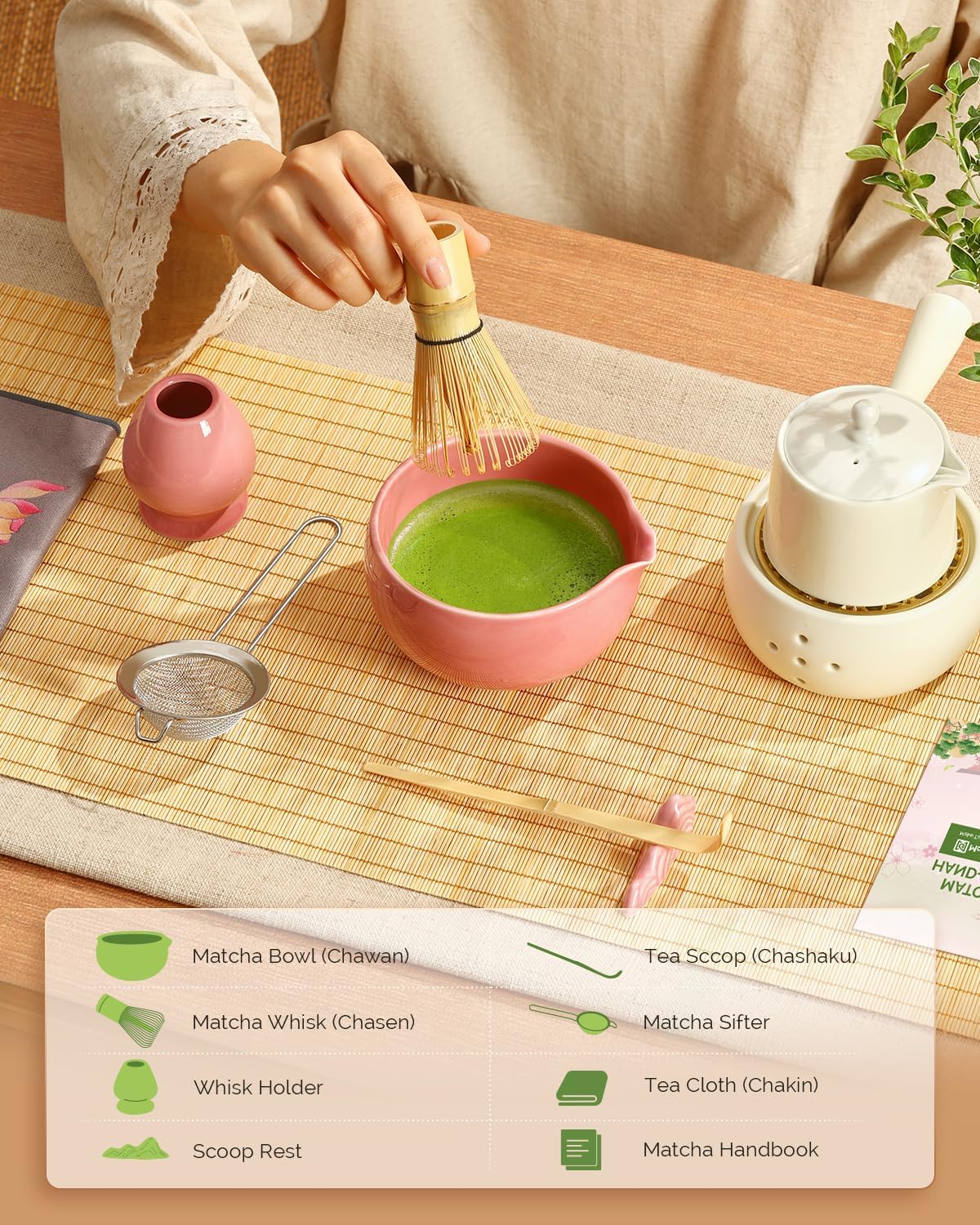 Maestri House Matcha Whisk Set - 7-Pc Complete Kit with Ceramic Bowl, Bamboo Whisk & Accessories | Perfect Gift for Matcha Lovers (Pink)