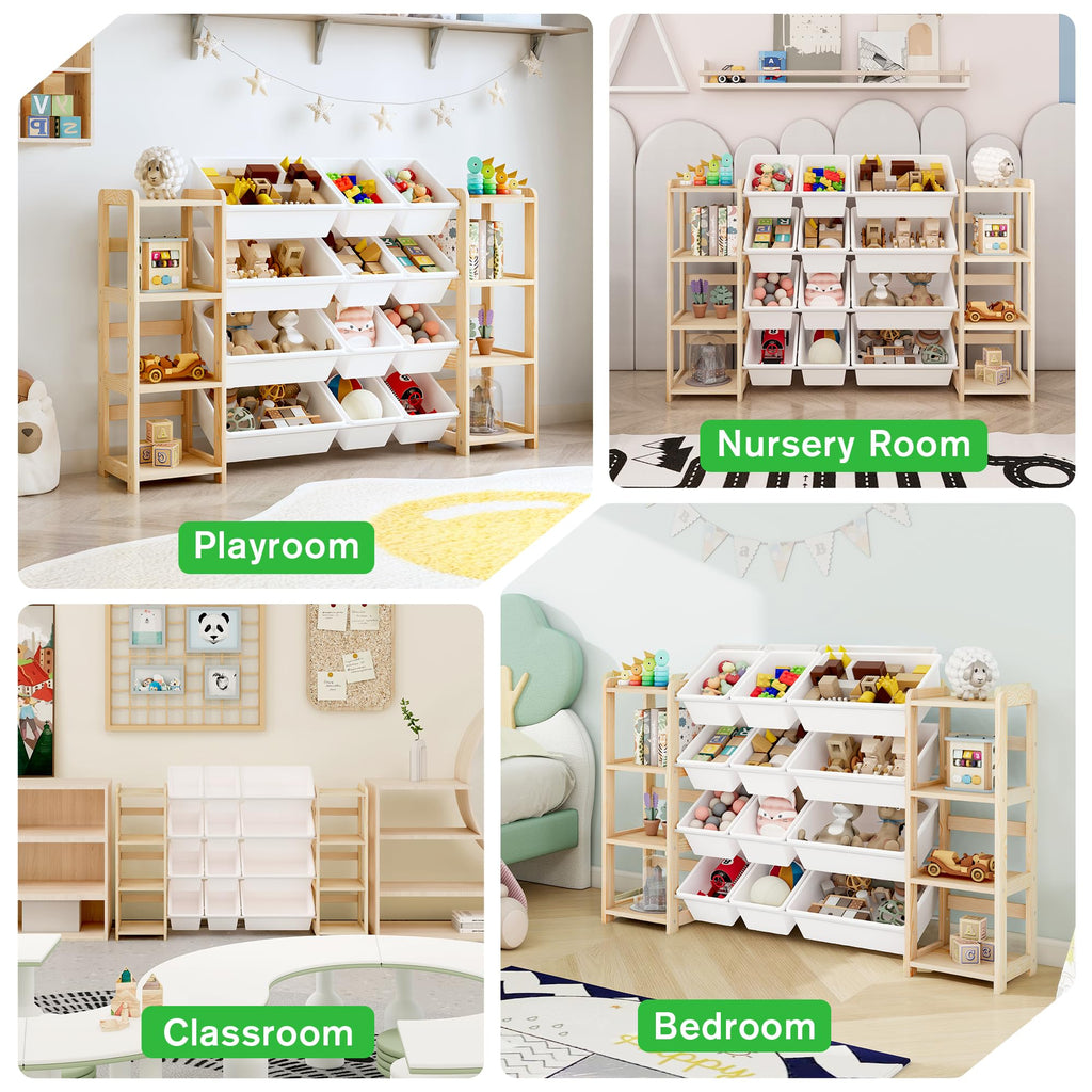 MallBest Extra Wide Toy Storage Organizer with 12 Bins and Dual Bookshelves – Solid Pine Wood Kids Toy Shelf and Bookcase for Bedroom, Nursery, or Montessori Playroom, (Natural)