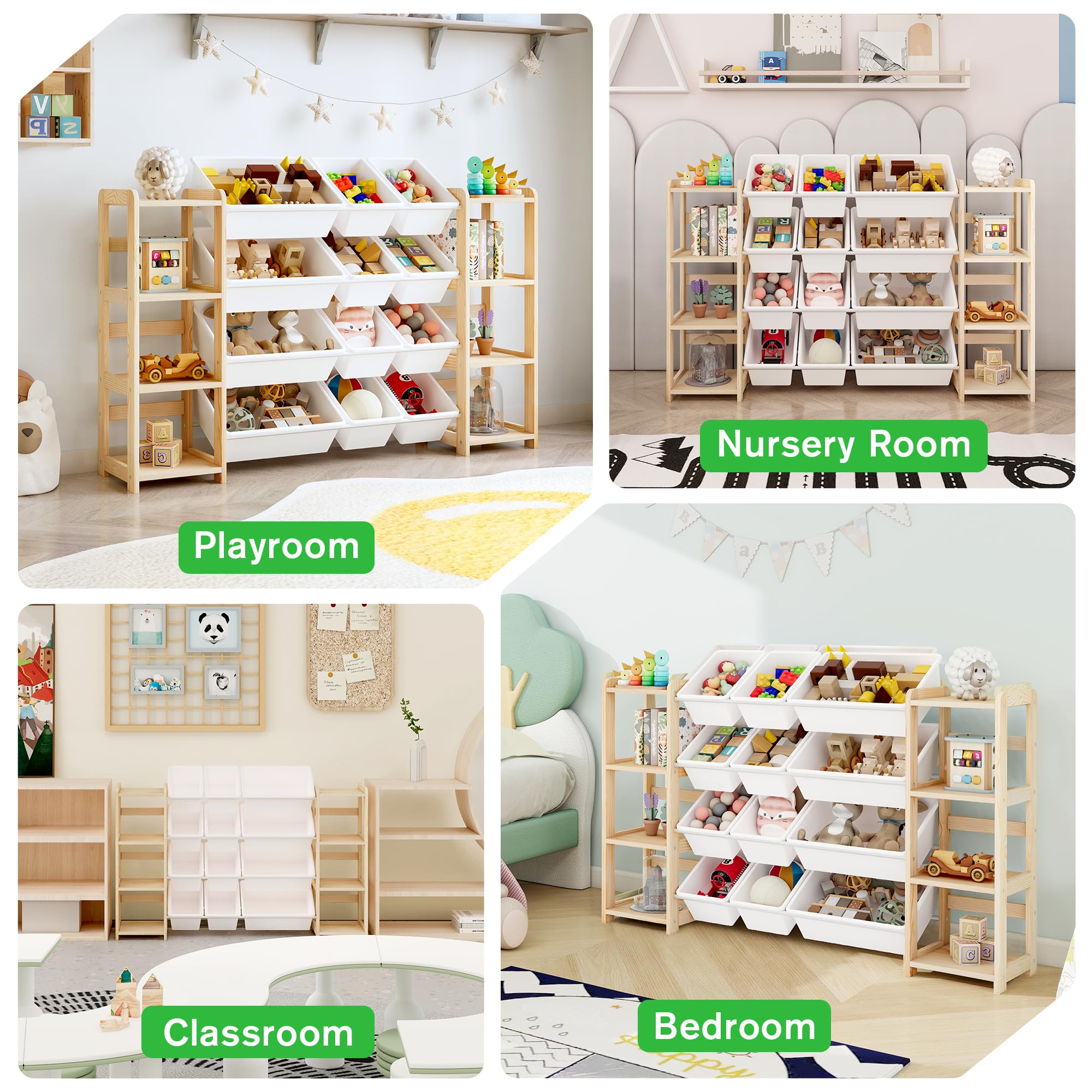 MallBest Extra Wide Toy Storage Organizer with 12 Bins and Dual Bookshelves – Solid Pine Wood Kids Toy Shelf and Bookcase for Bedroom, Nursery, or Montessori Playroom, (Natural)