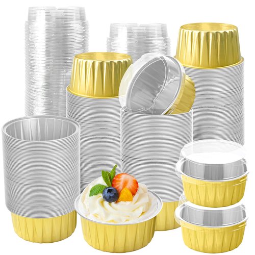 200Pcs Round Aluminum Baking Cake Pans with Clear Plastic Lids, Foil Pie Tin Tart Pans Disposable Ramekins Browni Baking Cups Dessert Cups for Wedding Birthday Party,5oz Gold
