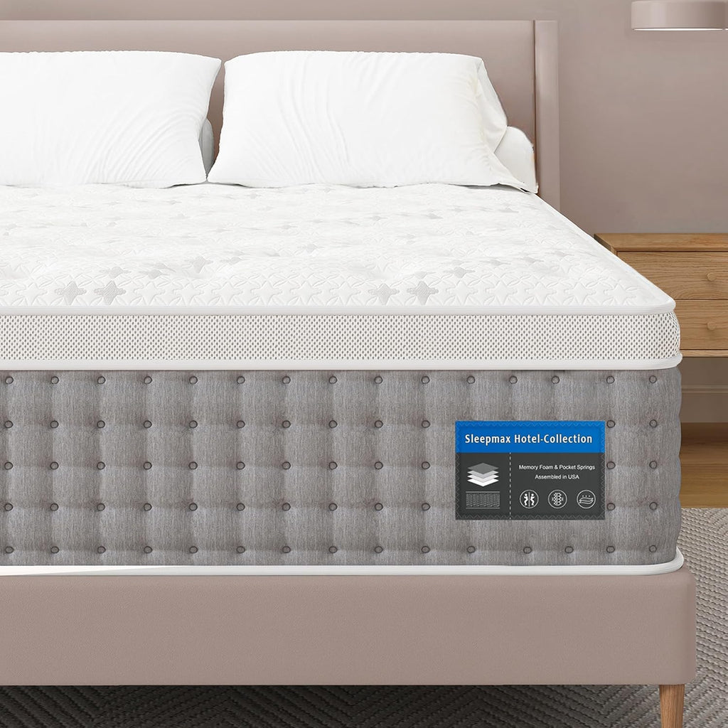 Sleepmax Queen Mattress - 14 Inch Hotel-Collection Hybrid for Pain Relief & Cooling Gel | CertiPUR-US, 365-Night Trial