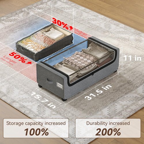 VicHomey Under Bed Storage With Wheels, Tall Under The Bed Storage, Underbed Storage Containers With Lids, Metal Frame, 90L Capacity, Large Size