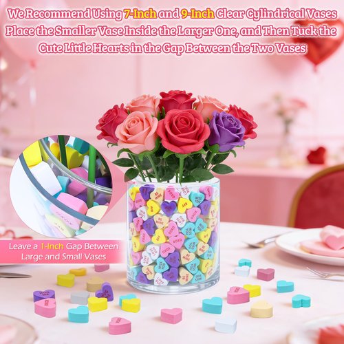 240 Pcs Foam Conversation Hearts Vase Filler, Valentine's Day Heart Ornament for Floating Candles, Wedding & Party Decor, 6 Colors & 6 Messages(Mixed Colors Heart Shaped)