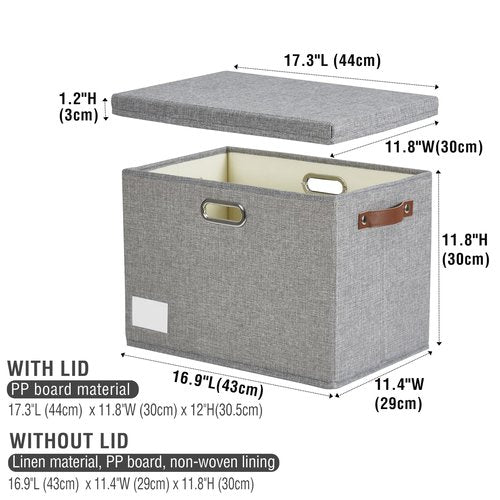 Roobyl 17" Large Collapsible Storage Bins with Lids, Stackable Closet Organizers with PU Handle and Labels, 3-Pack Decorative Fabric Storage Boxes for Home, Bedroom, Closet, Office, Nursery(Gray)
