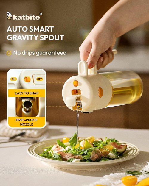 Katbite Olive Oil Dispenser Bottle - 2-in-1 Glass Oil Sprayer with Non-Drip Design | 18.6 oz Cream White