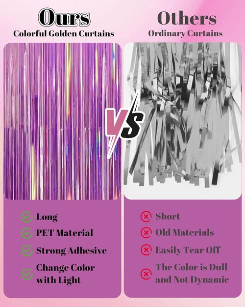 Iridescent Rose Pink Party Streamers - 2 Pack Neon Transparent Holographic Tinsel Backdrop | 3.31 x 6.6 ft